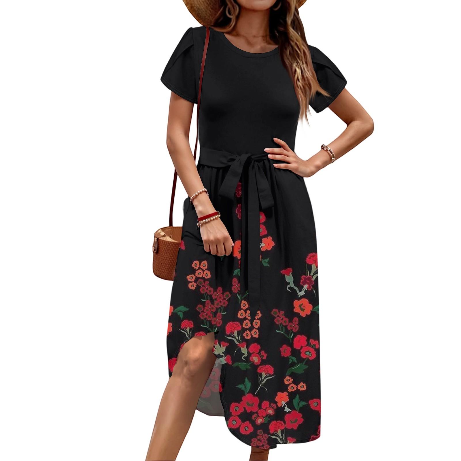 

Женское повседневное платье миди с милым узором и круглым вырезом, классическое повседневное свободное платье с коротким рукавом XL чёрный