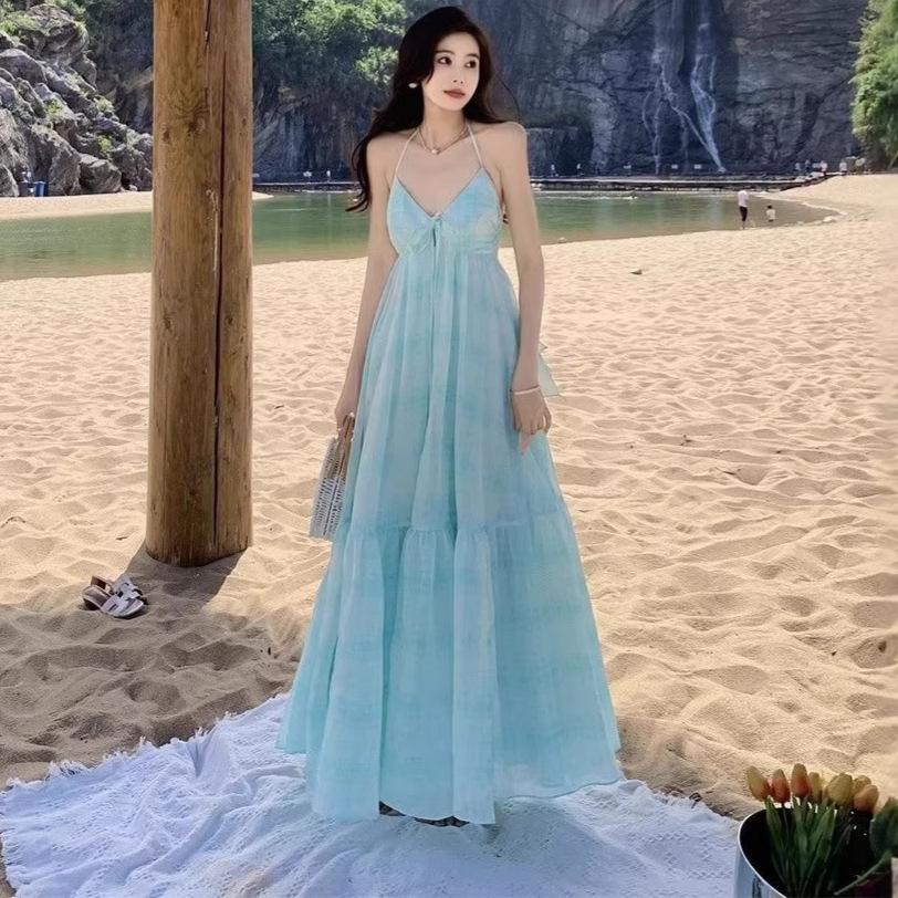 French Temperament Backless Seaside Vacation Style Blue Neck Sling Dress, Children's Waist and Thin New Long Dress