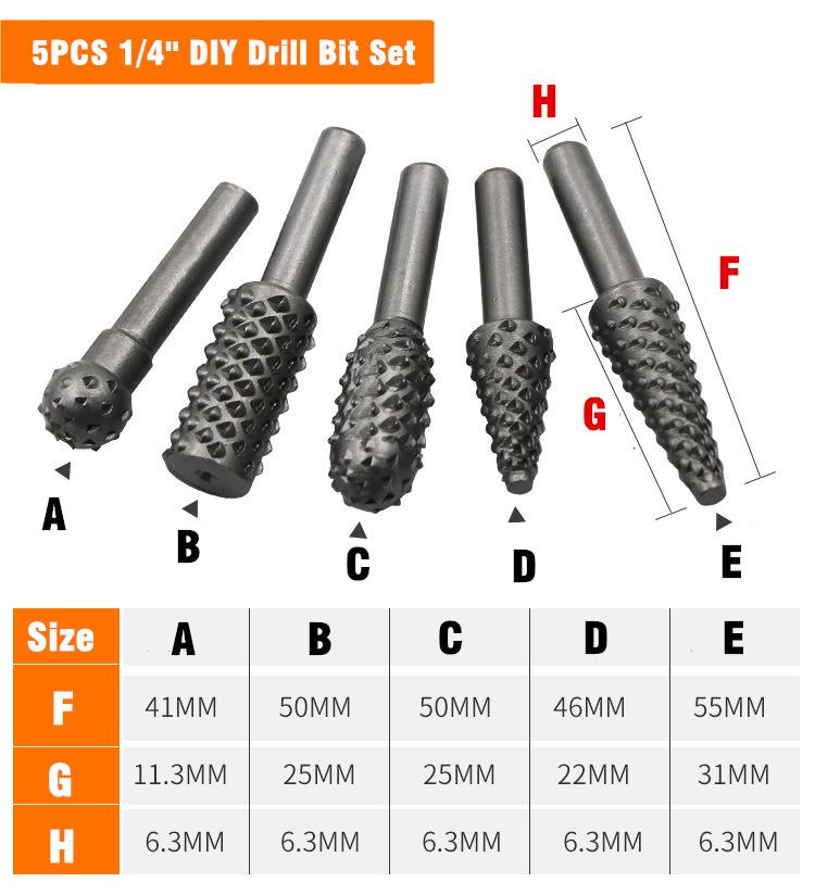 5PCS 1/4'' Drill Bit Rotary Set for Woodworking Knife Wood Carving Tool Carpentry Wood Cutting Tools WorkDrill Bit Set