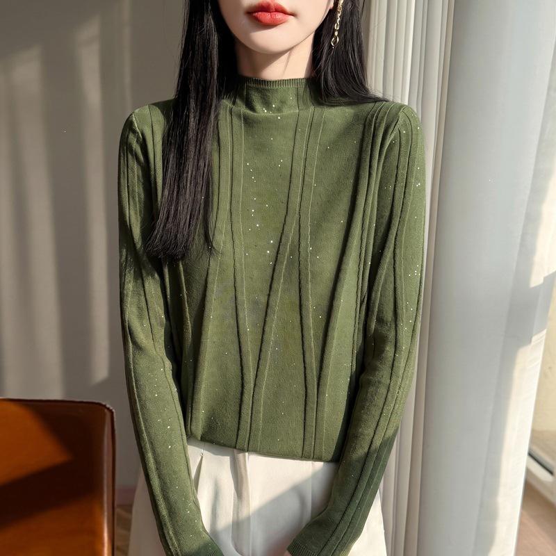 2026 Women's Autumn/Winter Slim-Fit Rhinestone Knit Sweater with Half-High Collar