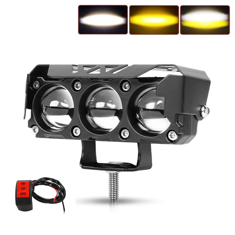 Shock-proof Motorcycle LED Spotlights Dual Color Lights Three-eye Lens  Driving Light