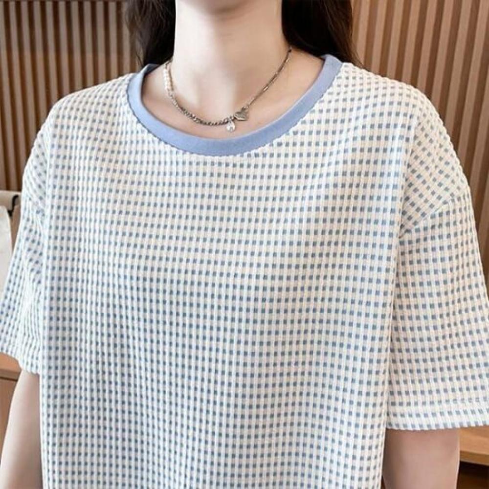 Navava Women Casual Check Round Neck ShorT Sleeve T shirT nT2497
