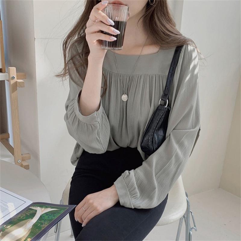 2026 Chic French Collarbone White Chiffon Square Neck Long Sleeve Women s Shirt L серый