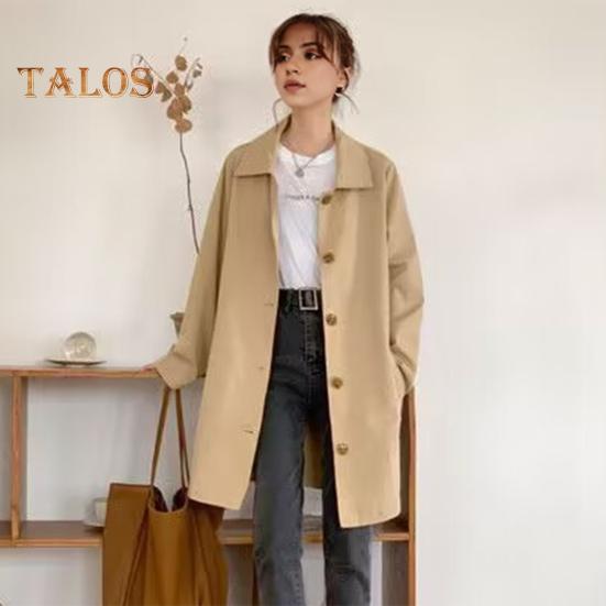 Damenjacke mit Umlegekragen, langen Ärmeln, geknöpfter Windbreaker, weite Taschen, mittlere Länge, Outdoor-Reise-/Pendlermantel