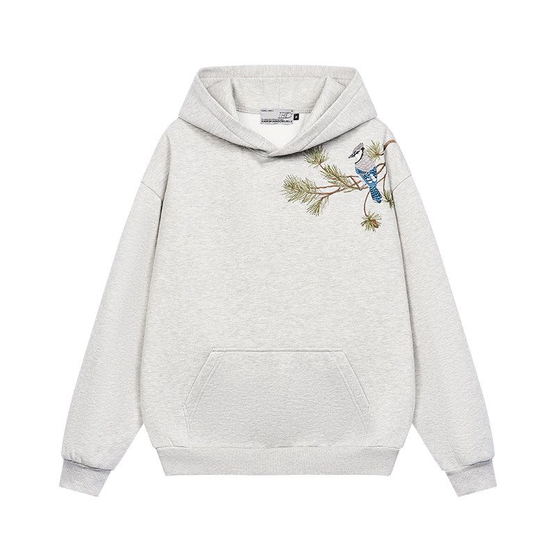 

HACR Bird Harshandcruel New Chinese Style Pine Needle Flying Bird over Shoulder Embroidered Hoodie Flower Gray L