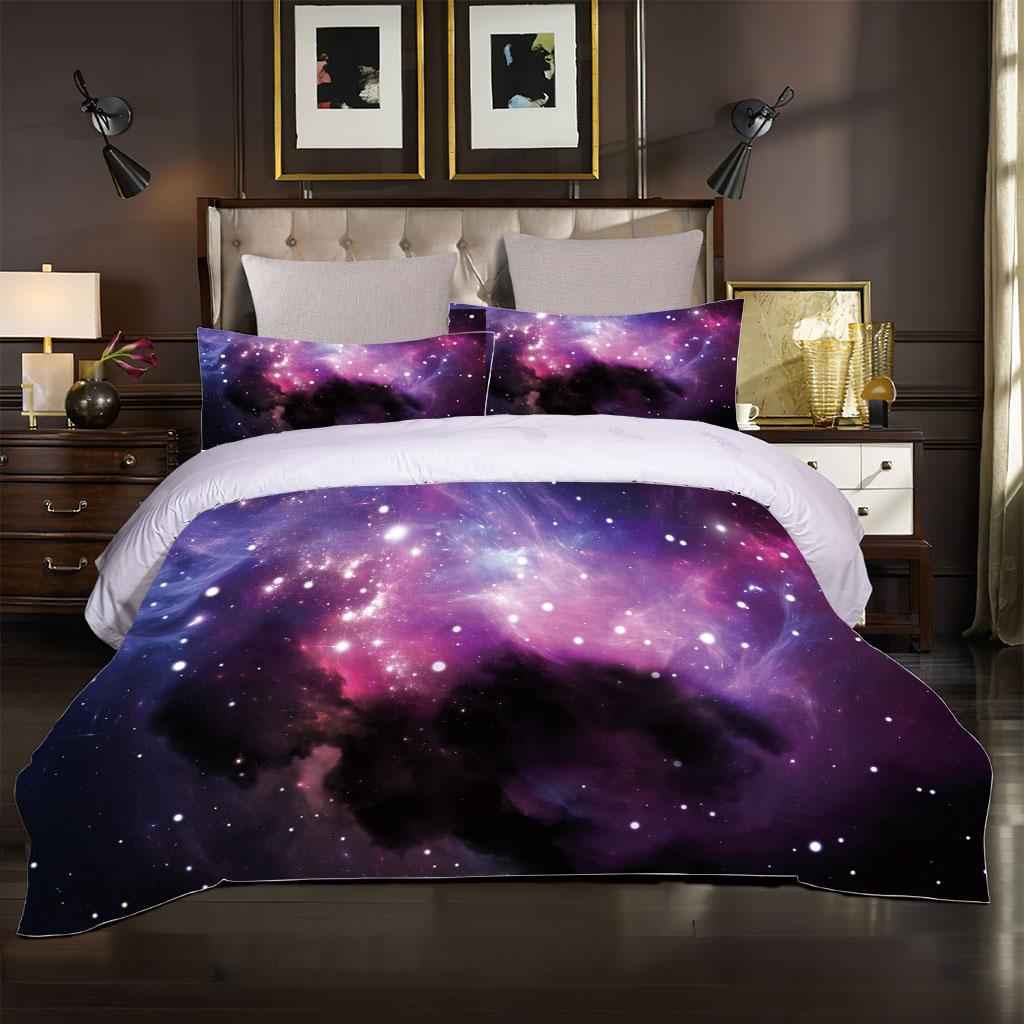 Queen Size 3D Galaxy Bedding Set Purple Star Duvet Cover 3Pcs For Boys Girls Bedroom Decor