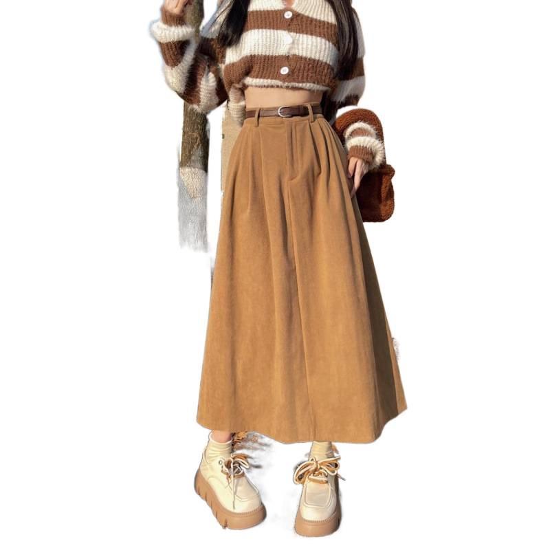 Women's Retro High Waist Corduroy Skirt, Slimming A-Line with Wide Hem, Mid-Length for Autumn