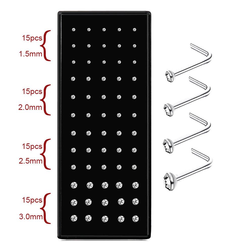 60 Stainless Steel L-Shaped Nose Studs (1.5/2.0/2.5mm) with Diamond Inlay Curve Nose Rings
