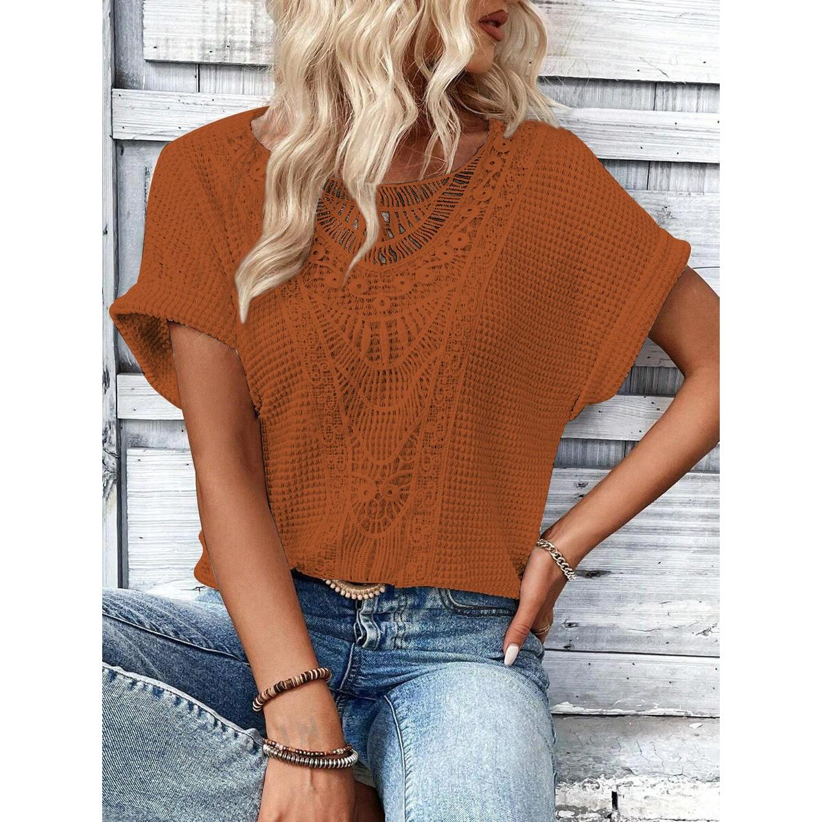 

Spring and Summer Lace Stitching Short-sleeved T-shirt Women s Clothing 5XL червоний