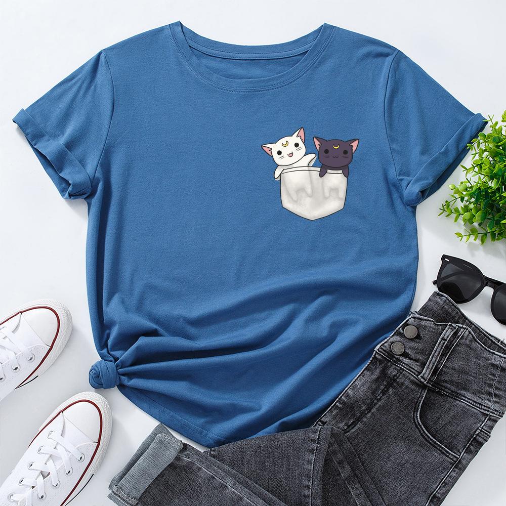 Cute Kitten Print Loose Round Neck Pure Cotton Short Sleeved Women's T-shirts