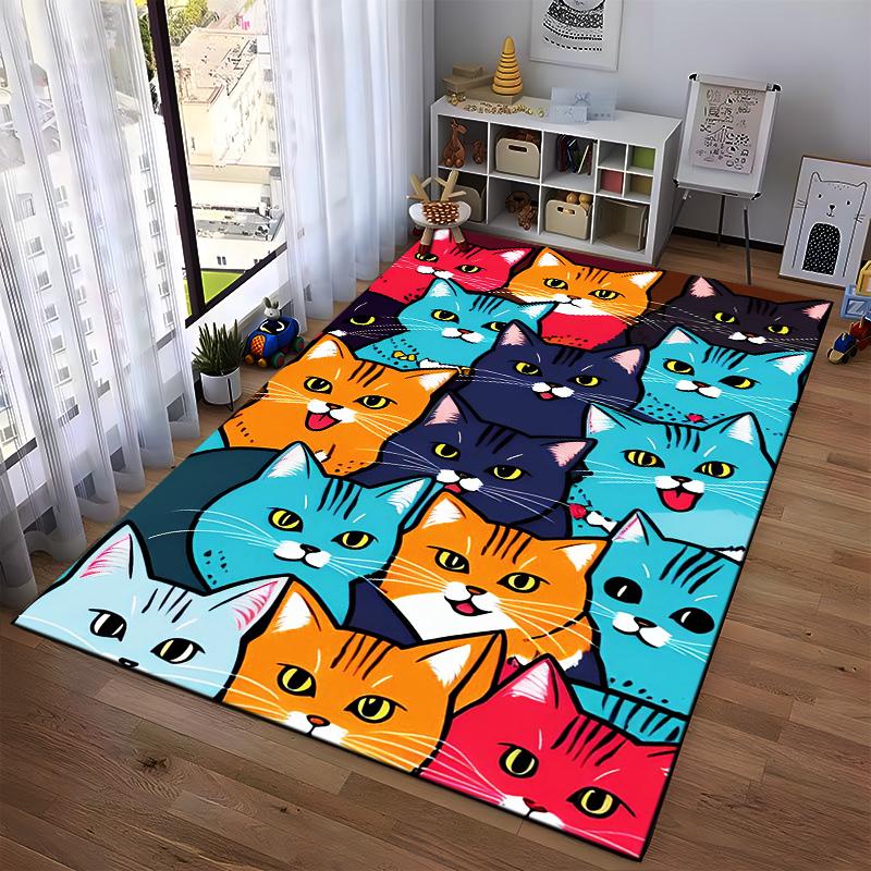 Colorful Cat Faces Pattern Carpet1Cute Illustrated Feline Design1Vibrant Artwork Suitable for use as an anti-slip1 for1room and bedroom sofas
