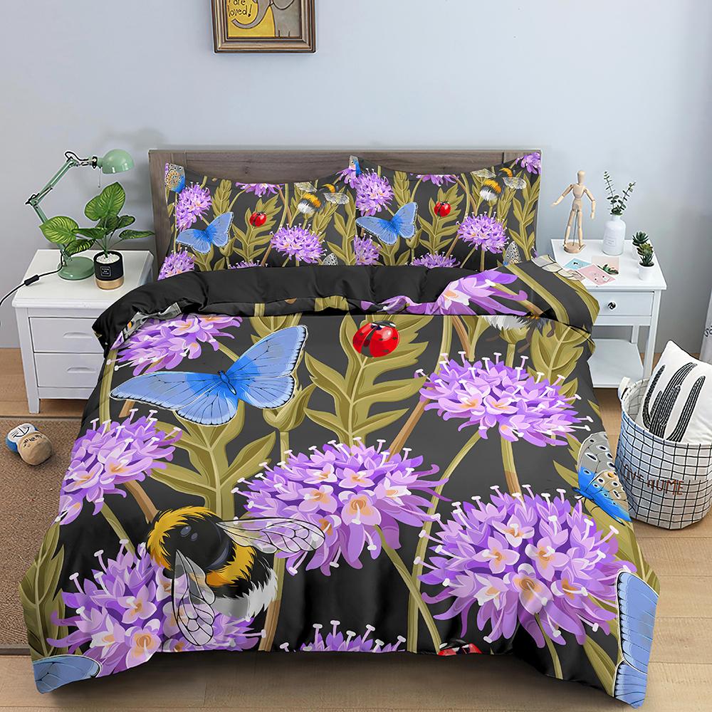 3D Bedding Set Flowers Print Duvet Cover Set with Zipper Closure Queen King Full Size Comforter Cover and Pillowcases Polyester