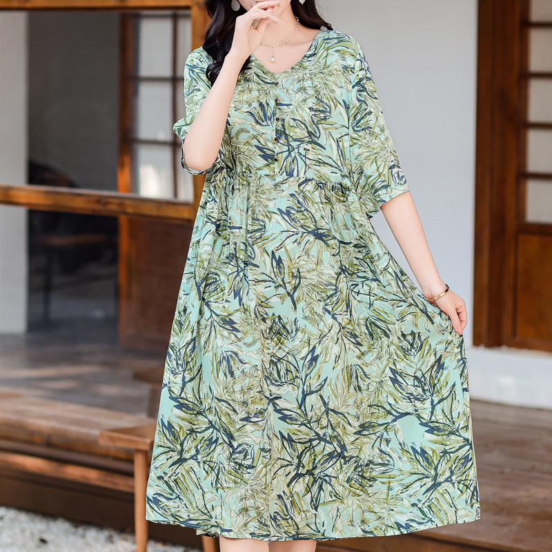 Elegant Women's Summer Dress Plus Size Half Sleeve Vintage Print Long Dresses Female Summer Clothes