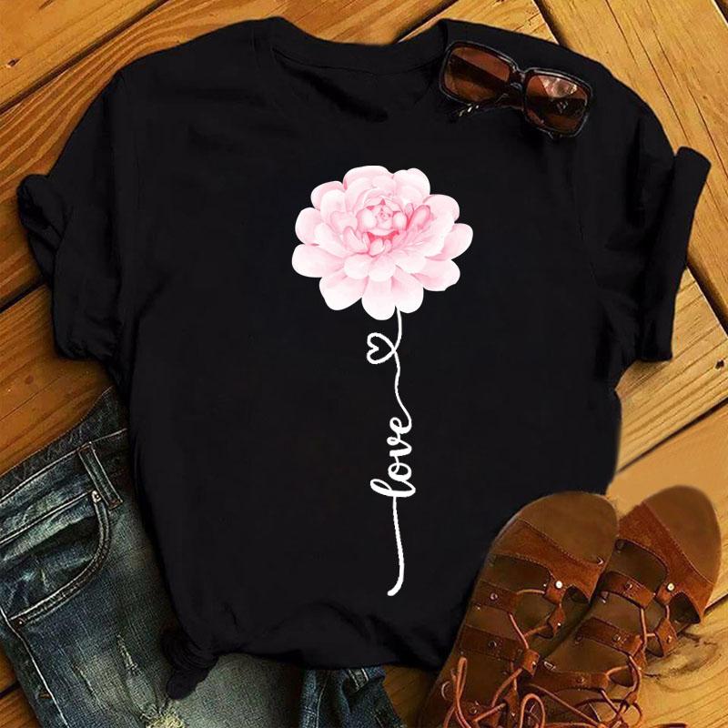 New Fashion Women Black T Shirt Friends Gift Flower Love Print Cute Tee Shirt Female Harajuku Tops Woman Short Sleeve T -Shirts
