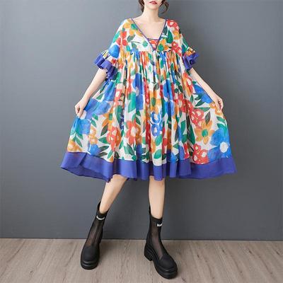 Kurzärmlig Übergröße Chiffon Vintage floral Neu eingetroffen Kleider für Damen lässig locker Midi Sommerkleid