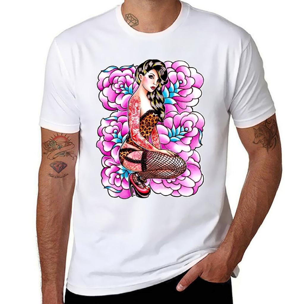 Tattooed Pin Up Girl With Roses Tshirt Soft Durable Cotton Tshirt