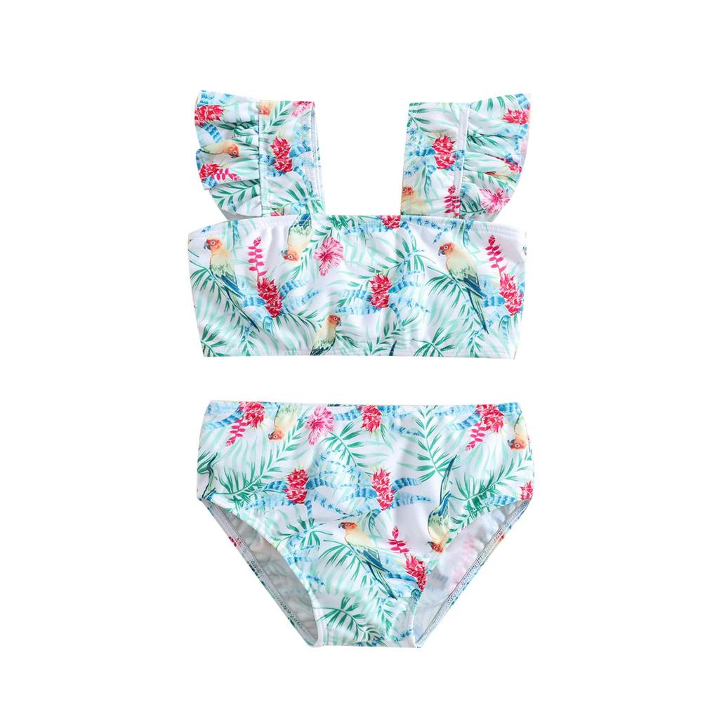 Girls' Fresh Floral Two-Piece Bikini Set with High Elasticity