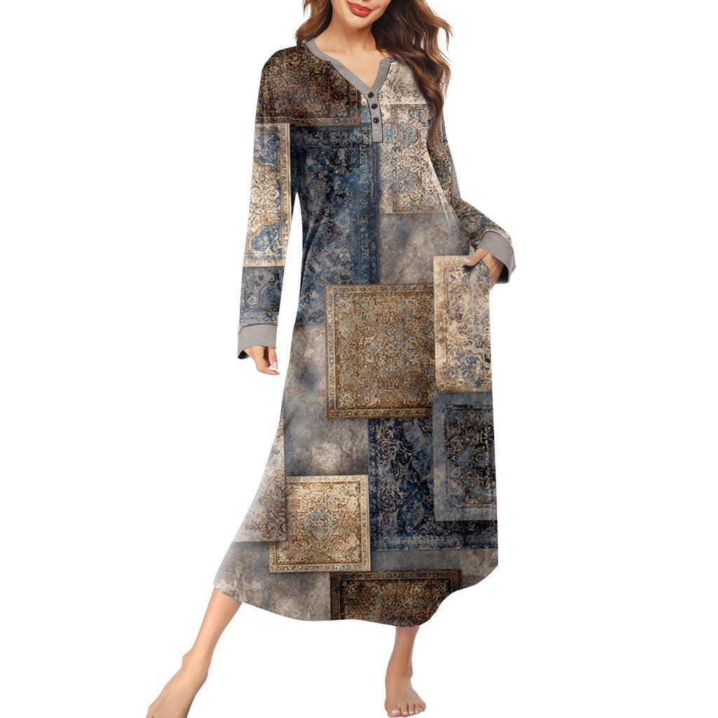 Damska koszula nocna długa odzież wypoczynkowa dekolt V sukienka nocna z kieszeniami