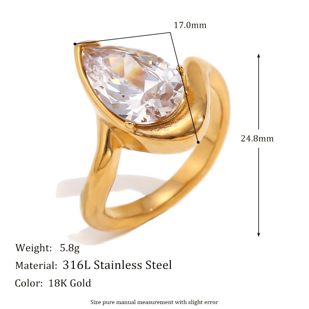 E.B.belle Water Droplet Shape Rhinestone Distortion Ring Gold/SIlver Color Stainless Steel Jewelry For Women Fashion Charm Gift