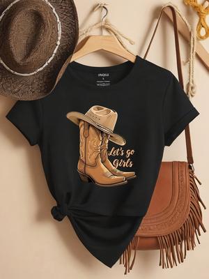 Boots Print Crew Neck T-Shirt Casual Short Sleeve Top For Spring & Summer Women's Clothing