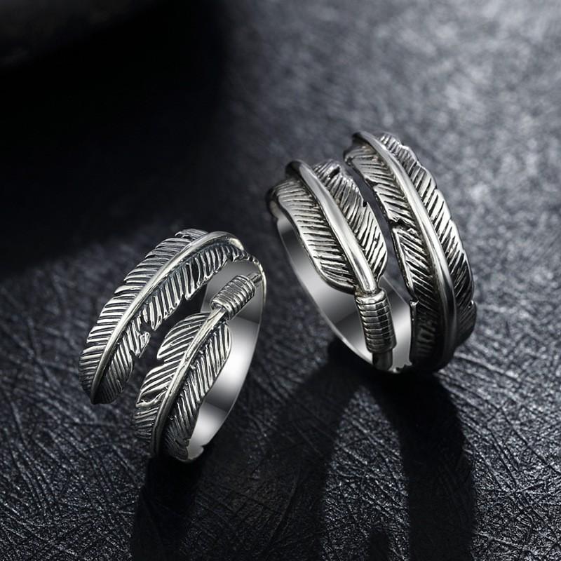 Adjustable Open Ring Couples Vintage Angel Feather Design Unisex Copper Plated Geometric Band