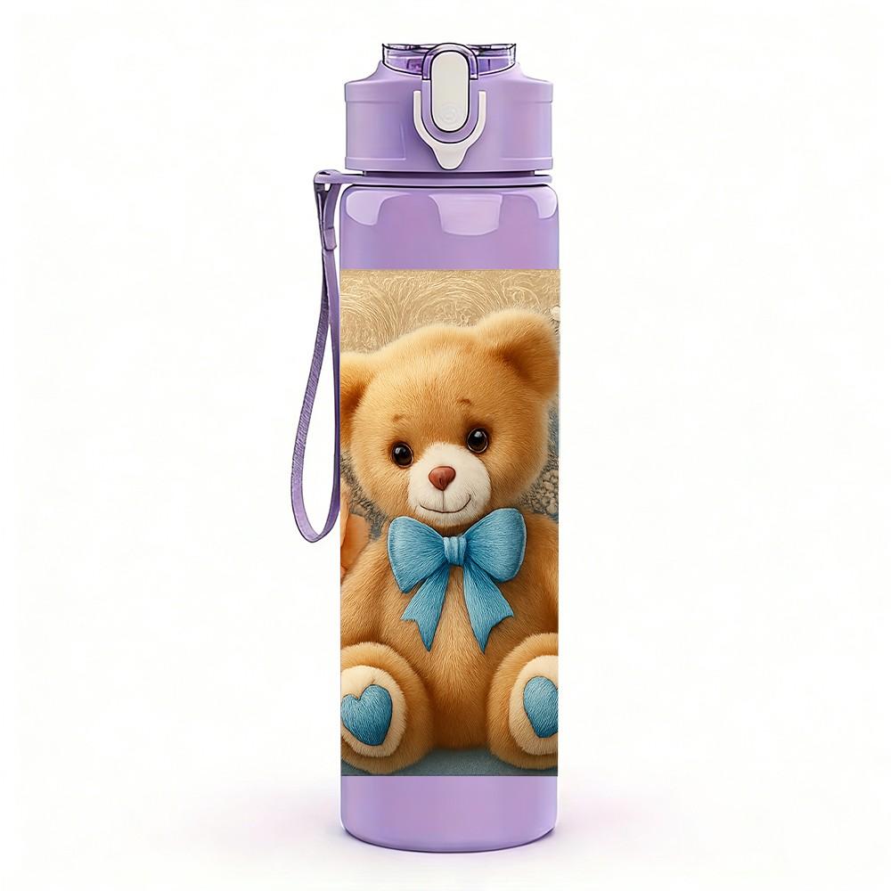 1PC Teddy Bear Rose Floral Print 750ml Color Plastic Sports Water Bottle Leakproof Flip Straw Lid Suitable for Sports Office Home Use