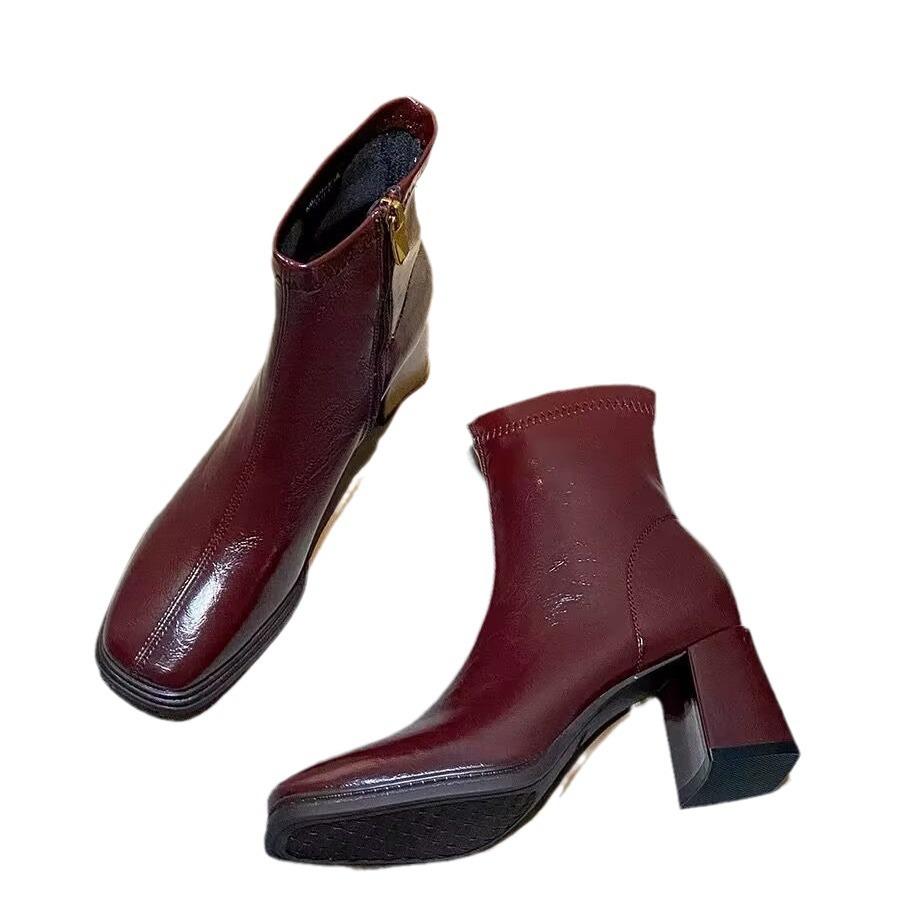 Foreign trade French square head thick heel short boots 2024 new retro fashion thin boots short small single boots