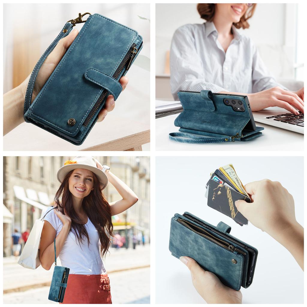 For Samsung Galaxy S25 Edge S24 S23 S22 Ultra Case, Durable PU Leather Magnetic Flip Strap Wristlet Zipper Card Holder Wallet
