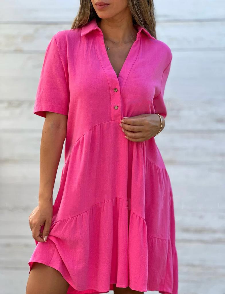 Women's Casual Cotton Linen Shirt Dress Collared Button Tiered Loose Short Sleeve Tunic Dress
