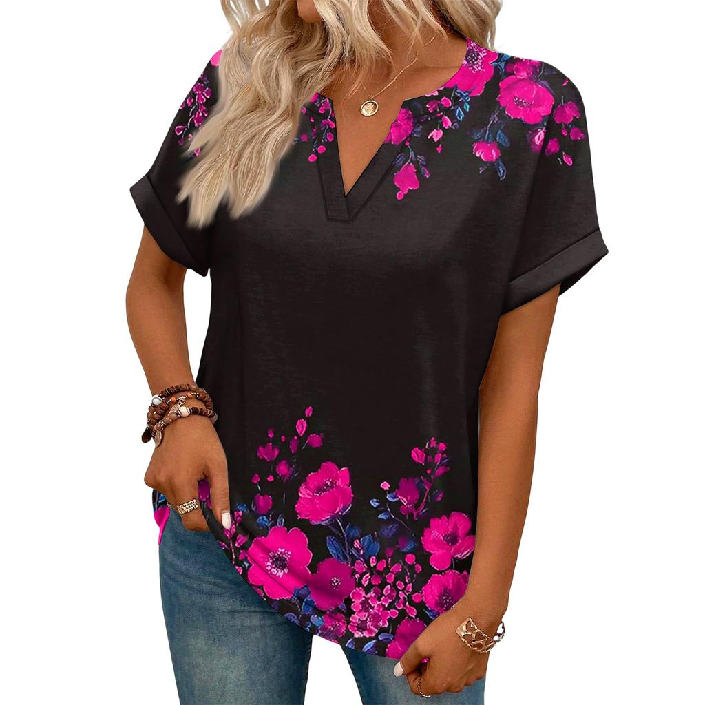 Stylowy damski casualowy T-shirt z krótkim rękawem z dekoltem w serek i retro kwiatowym nadrukiem