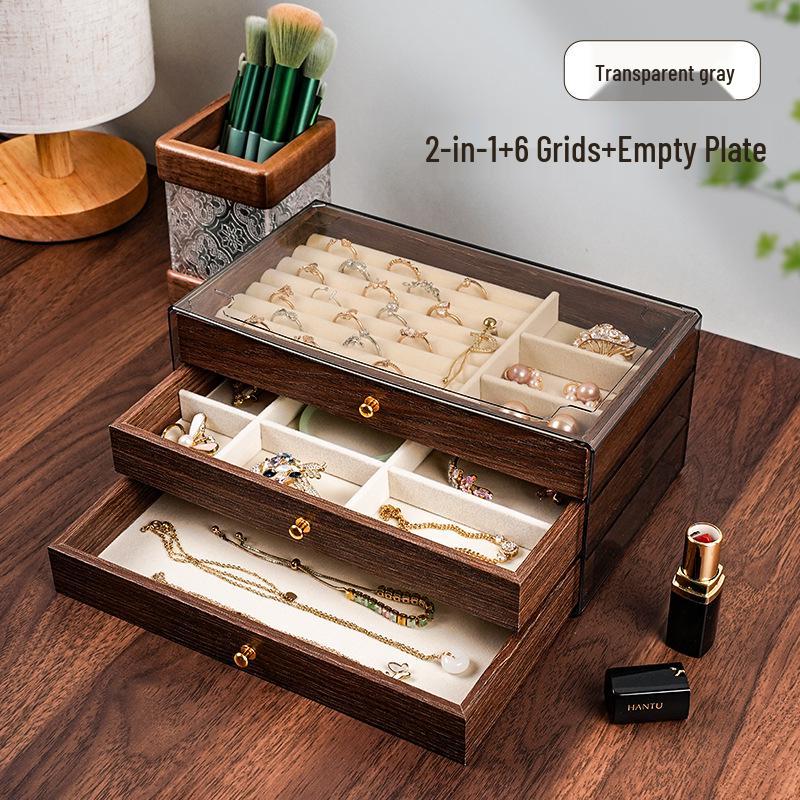 Walnut Grain Three-Layer Jewelry Box with Earring and Necklace Organizer