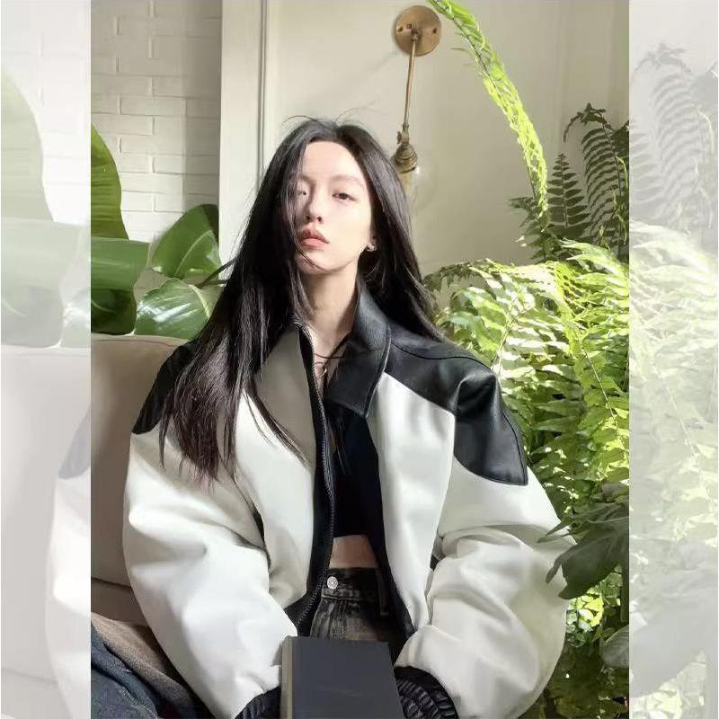 

Женская винтажная китайско-шикарная черная белая контрастная куртка из искусственной кожи с отделкой из искусственной кожи весна-осень модное свободное пальто с длинным рукавом M чёрный