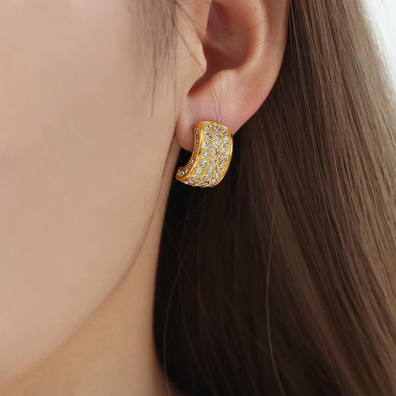 18K Gold C-Shaped Earrings with Emerald Cubic Zirconia on Titanium Steel, Non-Fading Jewelry for Women.