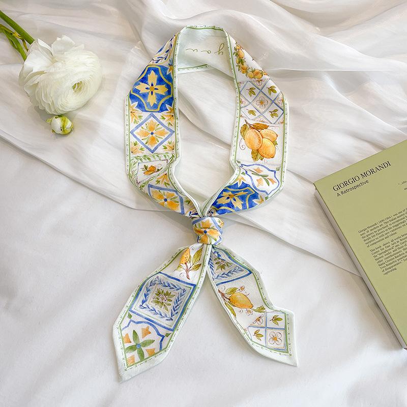 

Top Quality Narrow Neck Twill Silk Scarf Women Fashion Cute Printing Bag Hat Ribbon Headband Joker Long Imitation Scarf 6X125CM 6CMX125CM