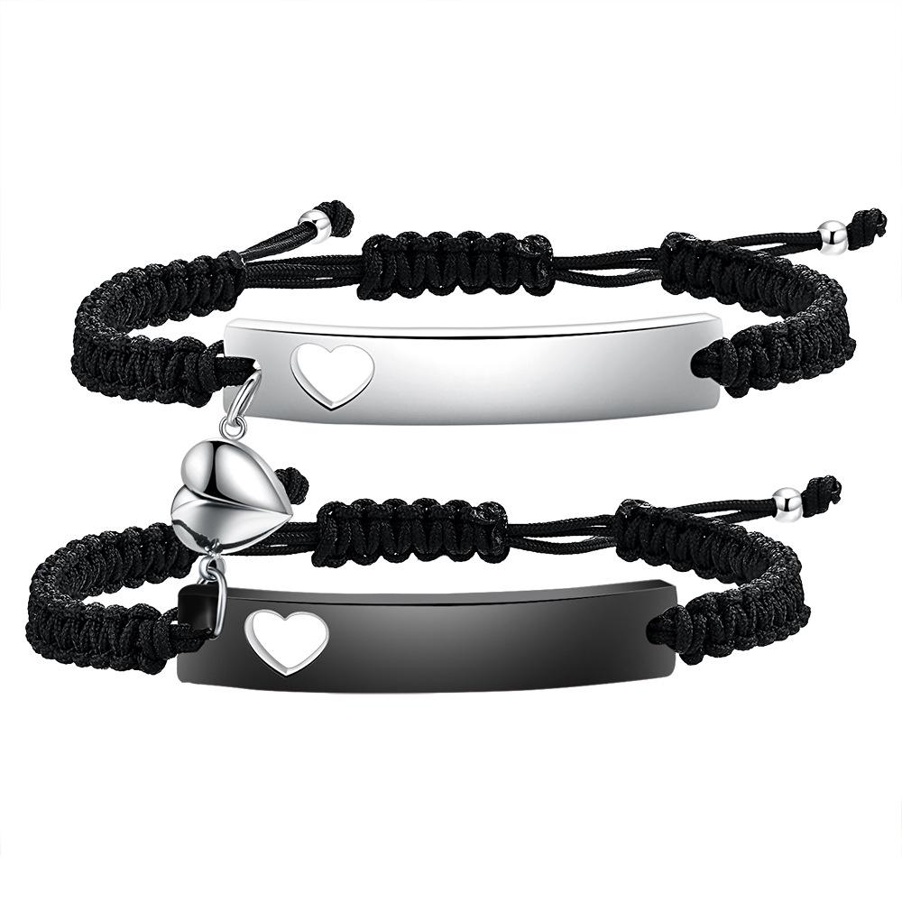 Polished Engravable Heart Cutout Hand-Woven Magnetic Clasp Couple Bracelet