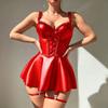 Women'S Pu Leather Hollow Out Sexy Lingerie Set New Underwear Backless Wet Look Babydoll Mini Dress For Valentine Honeymoon Club