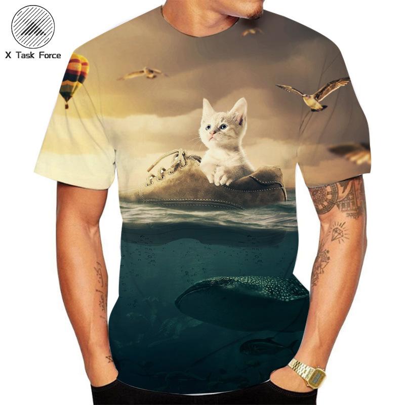 Summer Round Neck 3D Cat Printed Top Fashionable Casual Short Sleeved Men's T-shirts