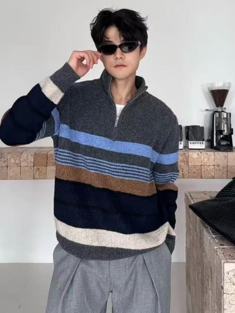 Men's Trendy Loose Half-Zip Knit Pullover for Fall and Winter