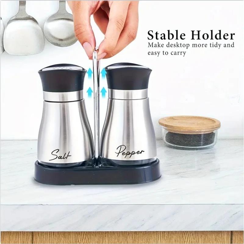2pcs Glass Spice Bottle Adjustable Refillable Salt and Pepper Shakers with Shelf Spice Dispenser Pour Holes Kitchen Gadget