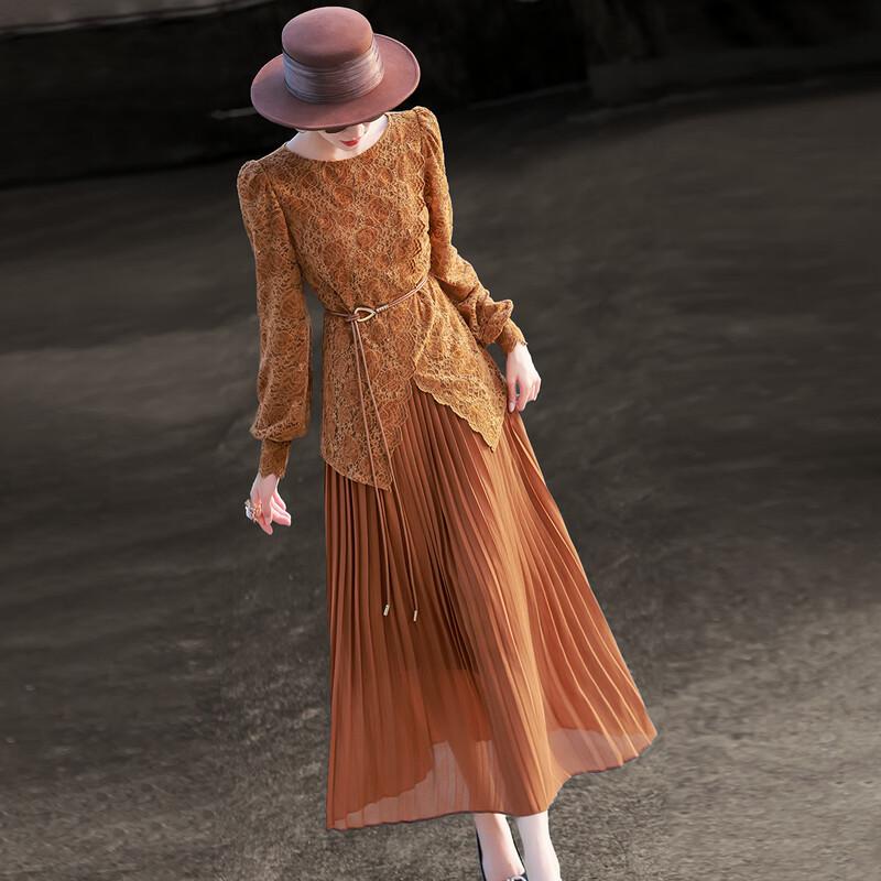 Vintage Lace-Paneled Pleated Long-Sleeve Midi Dress