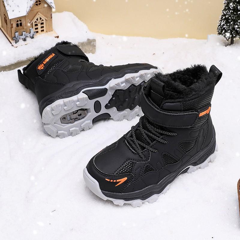 Kids Winter Snow Boots Boys Thick Insulated Warm Mid-Calf Anti-Slip TPR Sole Synthetic Leather Outdoor Footwear