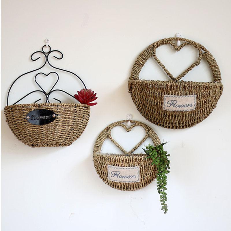 Straw Basket Wall Hanging Flowerpot Wall Art Woven Planter Home Decor