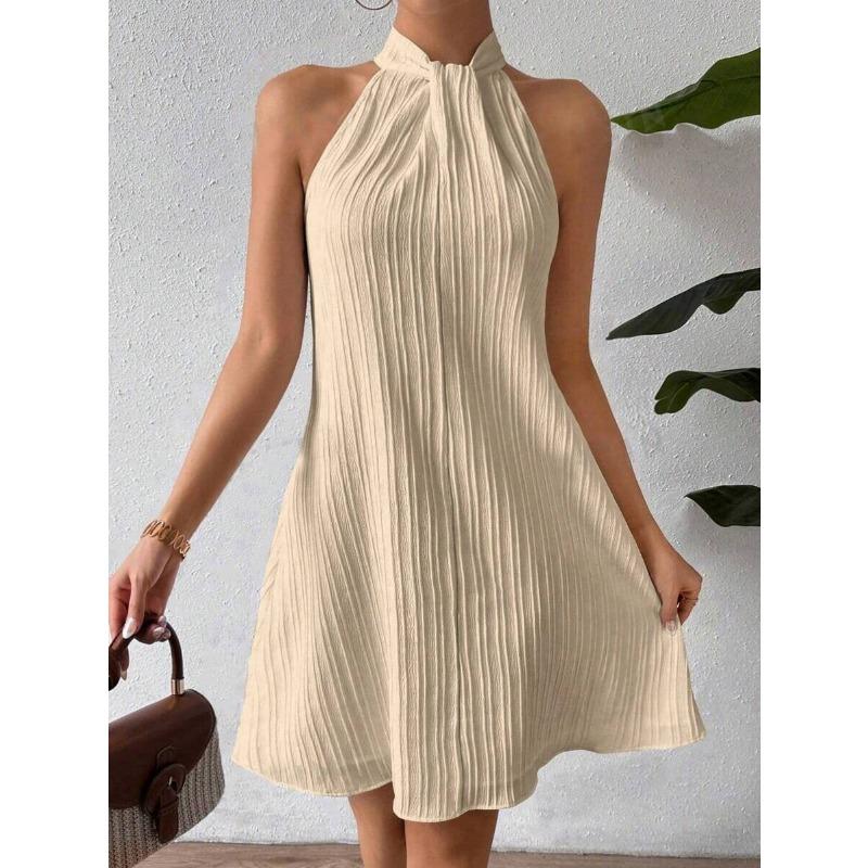 Summer Sleeve White Loose Dress Fashion Women's Hanging Neck Pleated Dress Party Casual Elegant Sweet A-line Short Dress Holiday Clothing