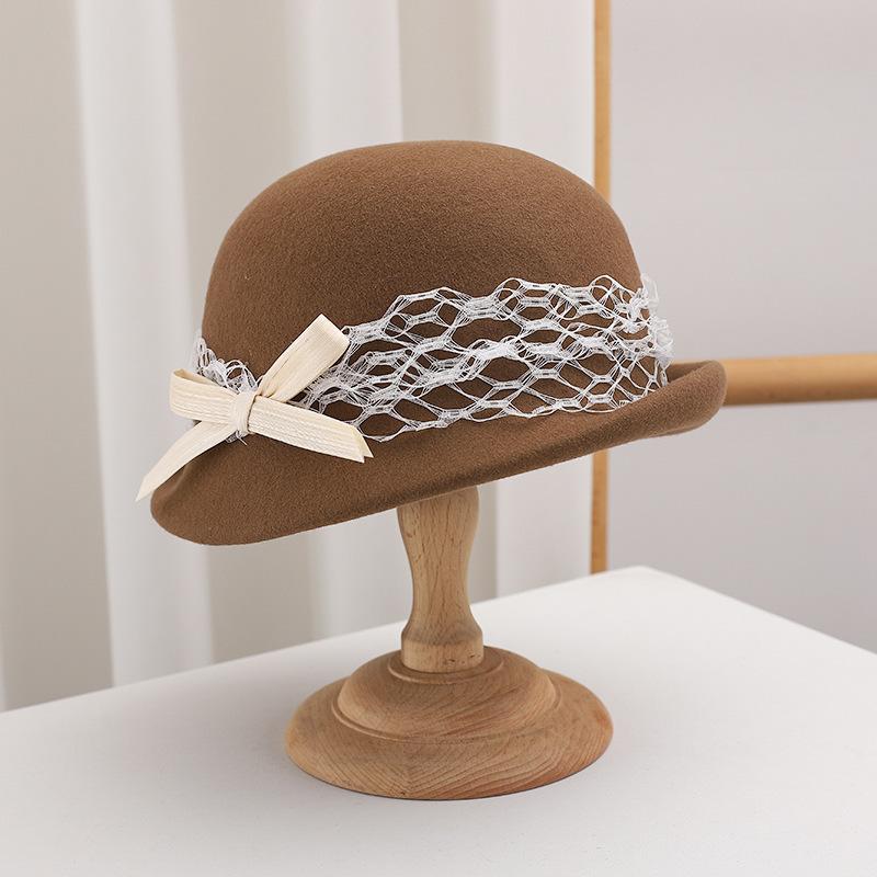 French Celebrity Mesh Ribbon Lampshade Hat Women's Autumn and Winter Wool Top Hat Thousand Gold Bow Basin Hat High Quality Tide