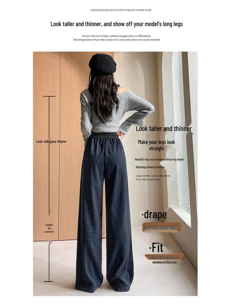 Women's Autumn 2025 Blue Plaid High-Waist Wide-Leg Pants with Drawstring - Retro, Slimming, Casual Style