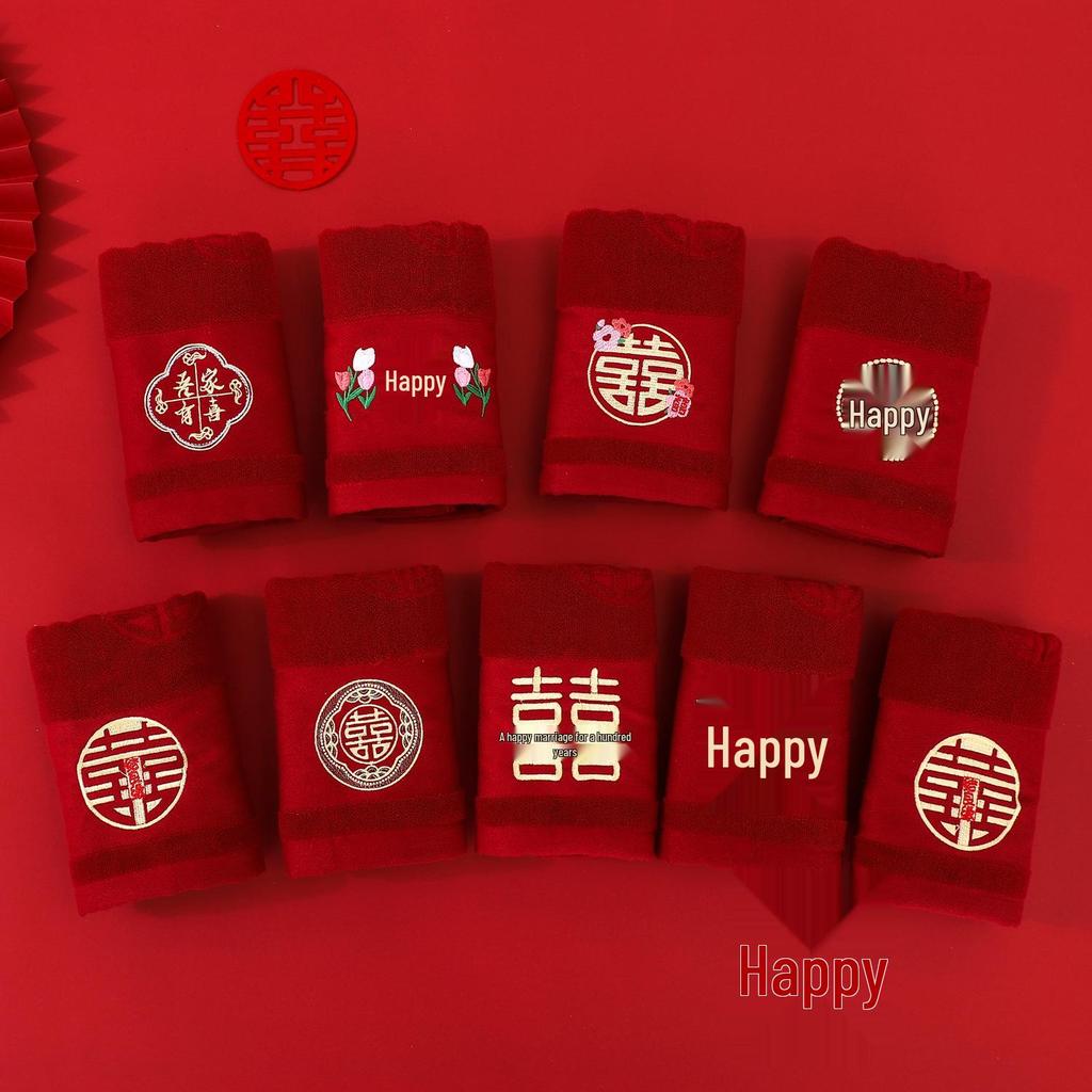 Elegant Red Wedding Towel Set: Bride's Joy and Dowry Gift