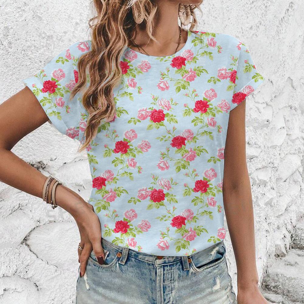 Elegant Vintage Style Flower Print T-shirt Top Summer Loose Breathable Women's T-shirt Fashion New Round Neck T-shirt