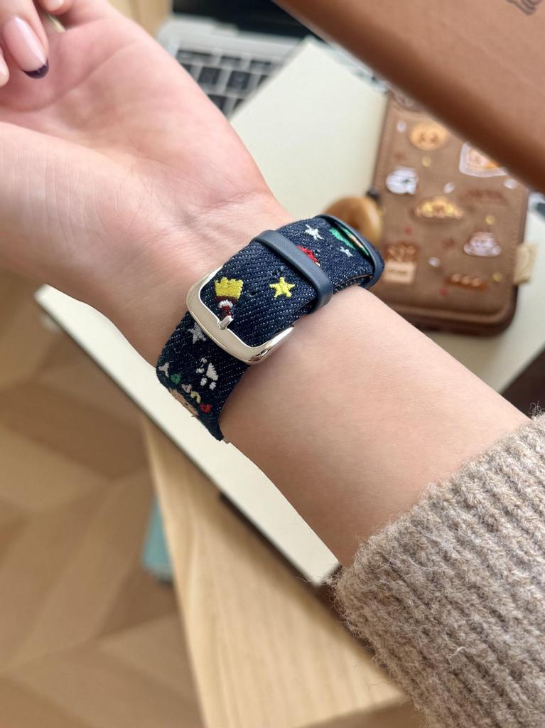 Cartoon Embroidered Denim Leather Watch Strap for Apple Watch Series 11/10/98 Ultra SE
