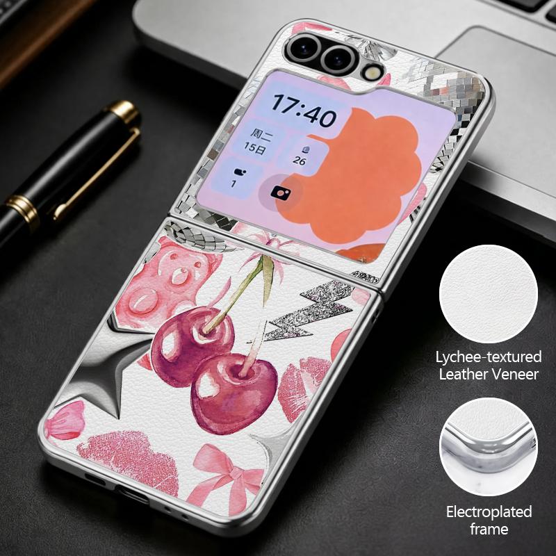 Polka Dot Cherry Print Case For Samsung Z Flip 8 7 6 5 Luxury Plating Leather Skin Folding Phone Cover For Galaxy Z Flip8 Flip7 Flip6