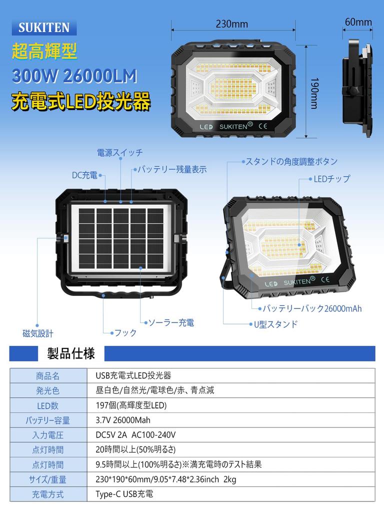 SUKITEN Rechargeable LED Outdoor Work Large IPX4 Ultra Bright Work 5 Lighting Magnetic Ideal for Outdoor Night Disaster Power and Nighttime